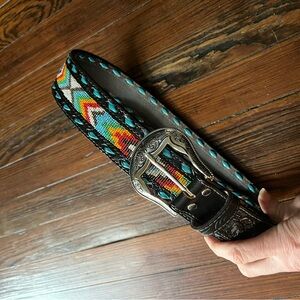 Nocona Multicolor Beaded Leather Belt with Silver Buckle